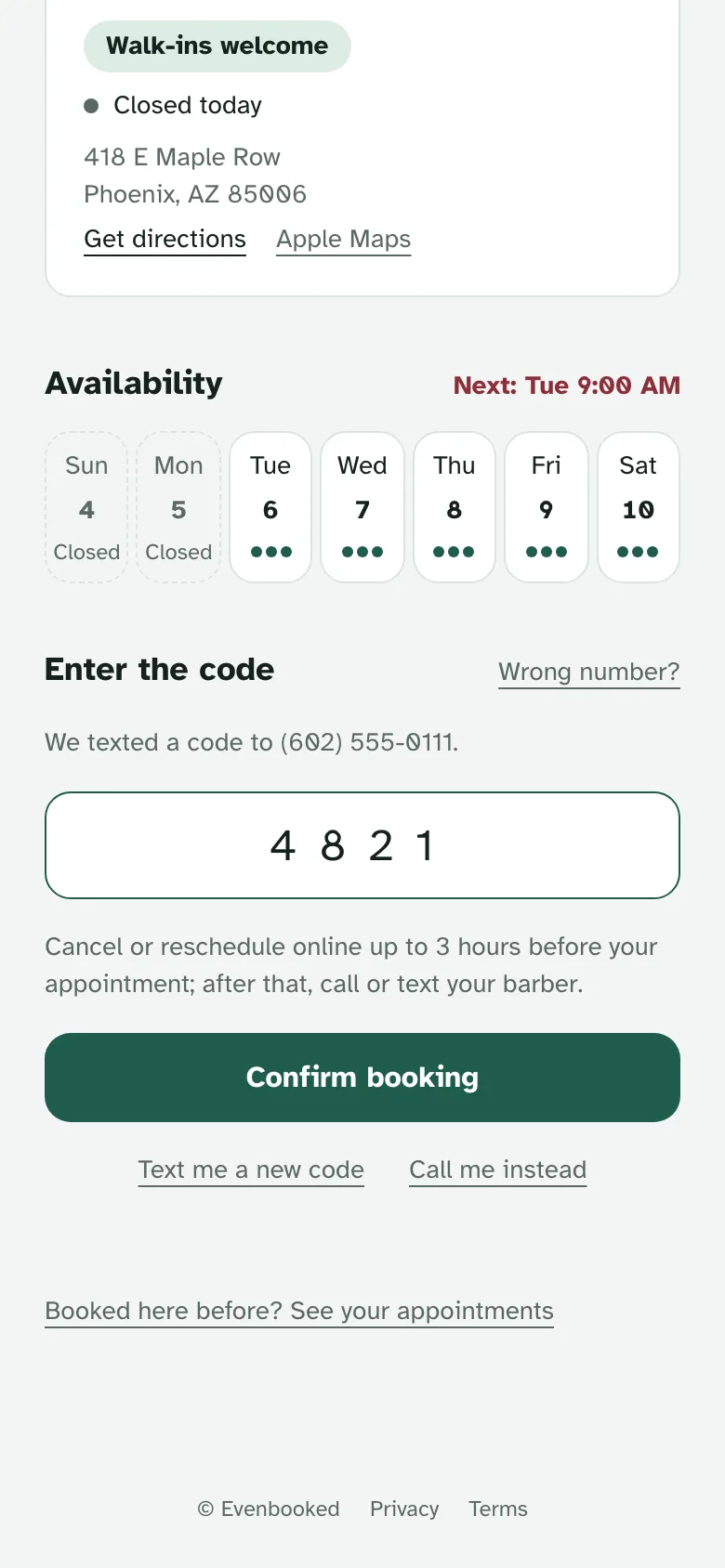 The code step: a four-digit code typed in and a Confirm booking button.