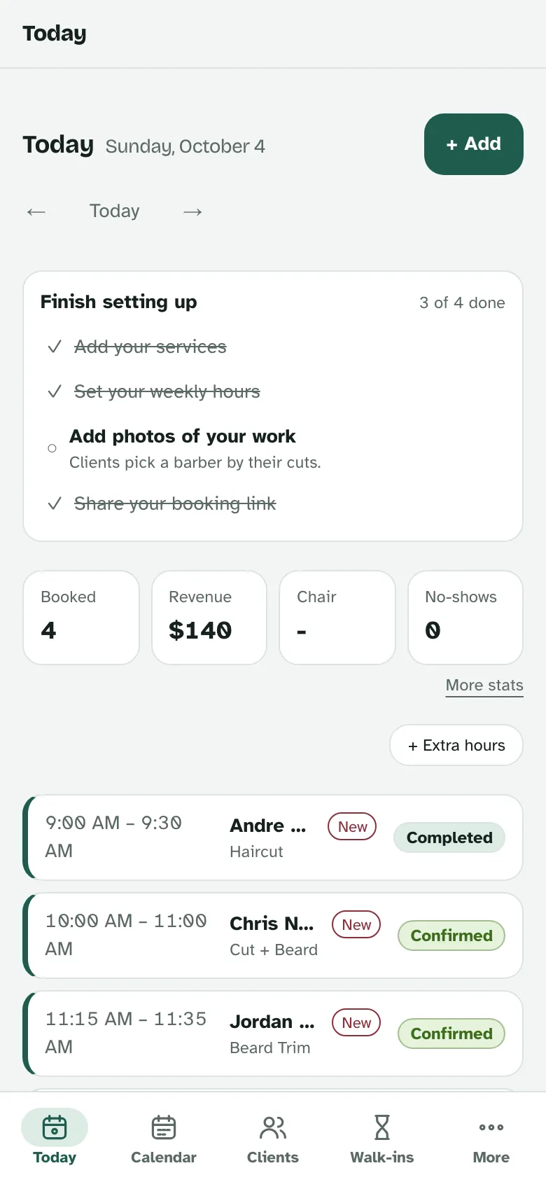 The Today screen: four bookings, $140 in revenue, and the day's appointments listed by time.